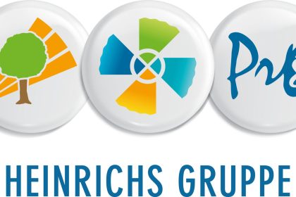 Logo, Schriftzug der Heinrichs Gruppe mit 3 grafischen Buttons, welche sich oberhalb des Logo-Schriftzugs befinden.